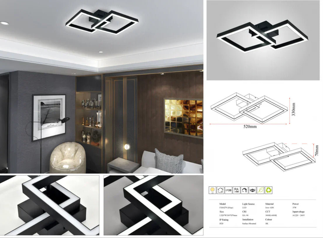Модерно LED осветително тяло Square Black 1+1 Еквивалент 200W с дистанционно