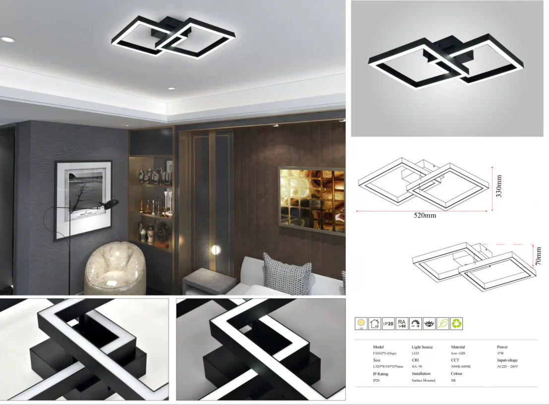 Модерно LED осветително тяло Square Black 1+1 Еквивалент 200W с дистанционно