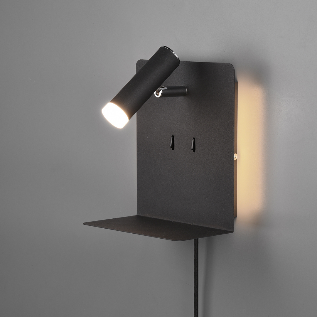 LED аплик за стена 6W черна с поставка за телефон и USB