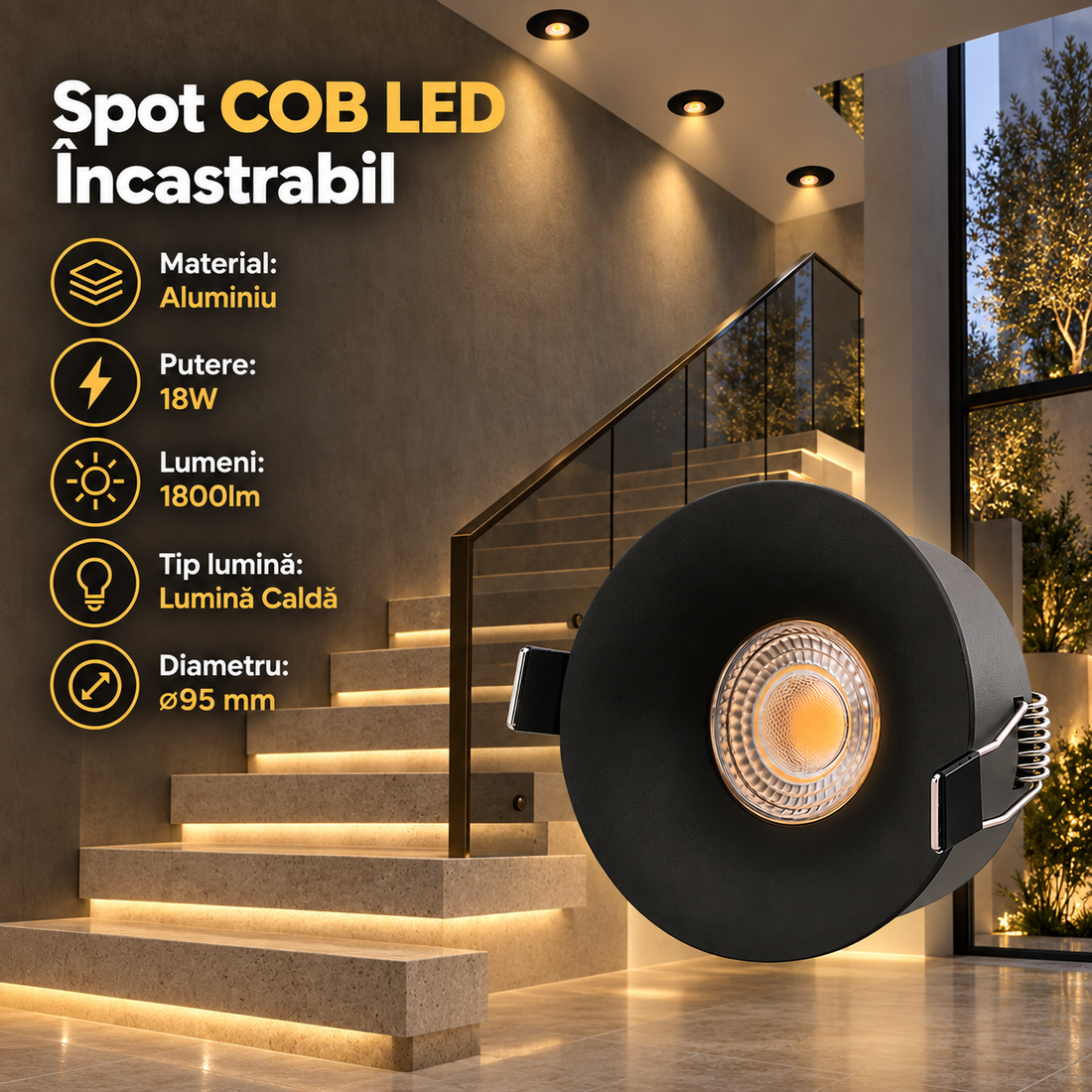 Спот COB LED 18W Кръгъл Черен / ⌀95mm / Вграден / Топла светлина