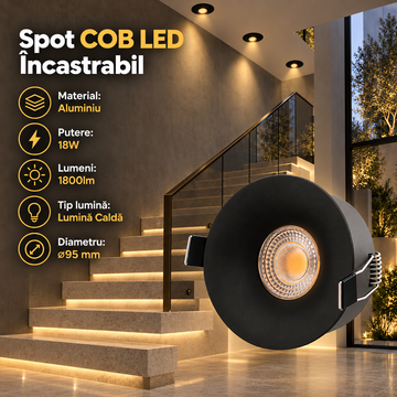 Спот COB LED 18W Кръгъл Черен / ⌀95mm / Вграден / Топла светлина