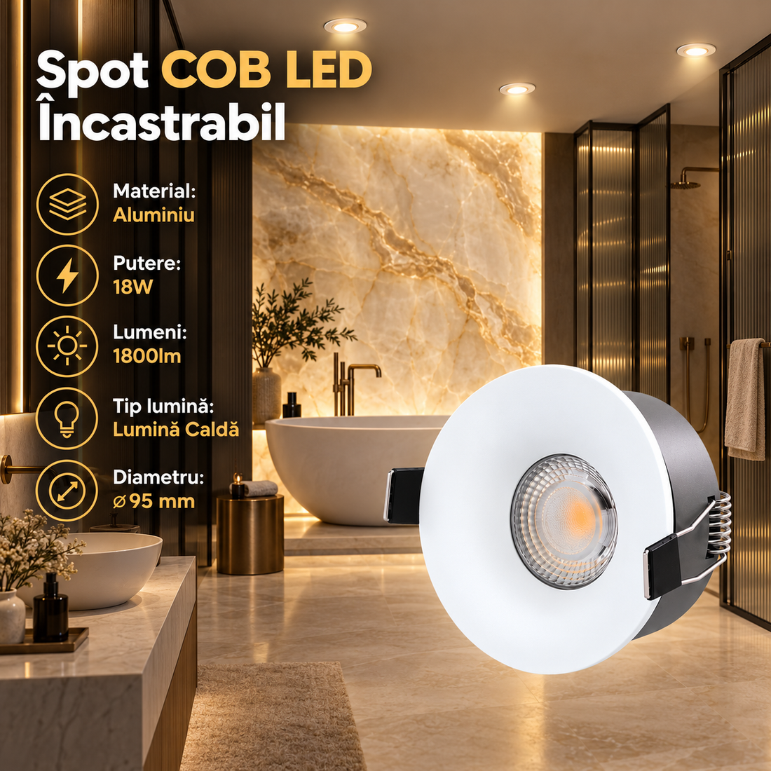 COB LED спот 18W Кръгъл Бял / ⌀95mm / Вграден / Топла светлина