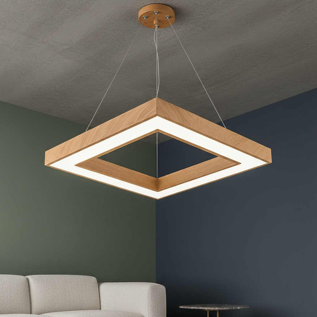 LED осветително тяло висящо RENZO Square Wood с дистанционно, еквивалент 300W