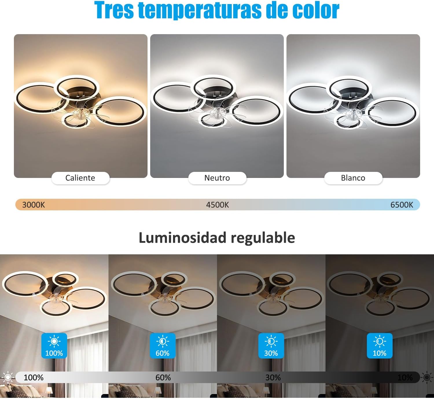 LED осветително тяло 4 Circle Black с вентилатор и дистанционно, еквивалент 400W