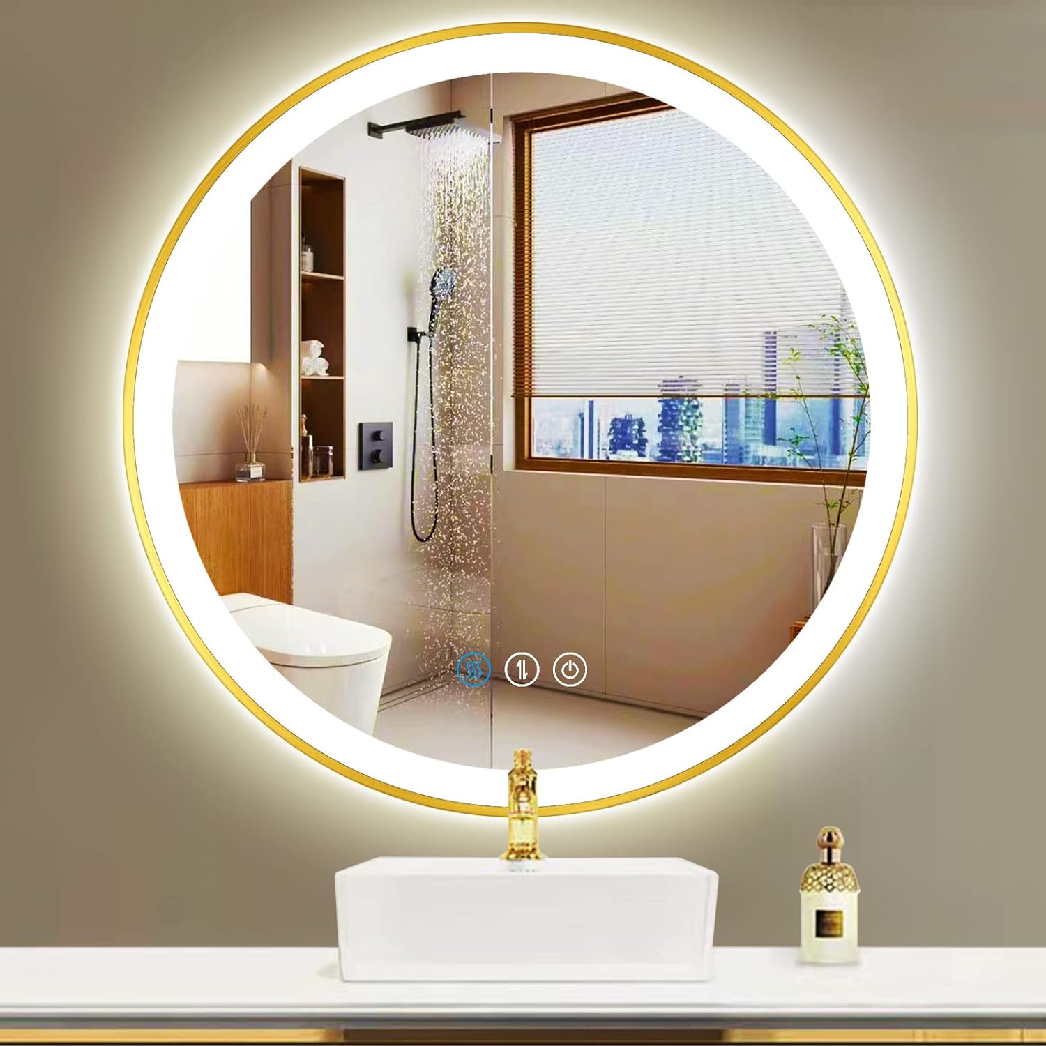 Кръгло LED огледало 70cm, златиста рамка, Touch и 3 вида светлина OD016/GD