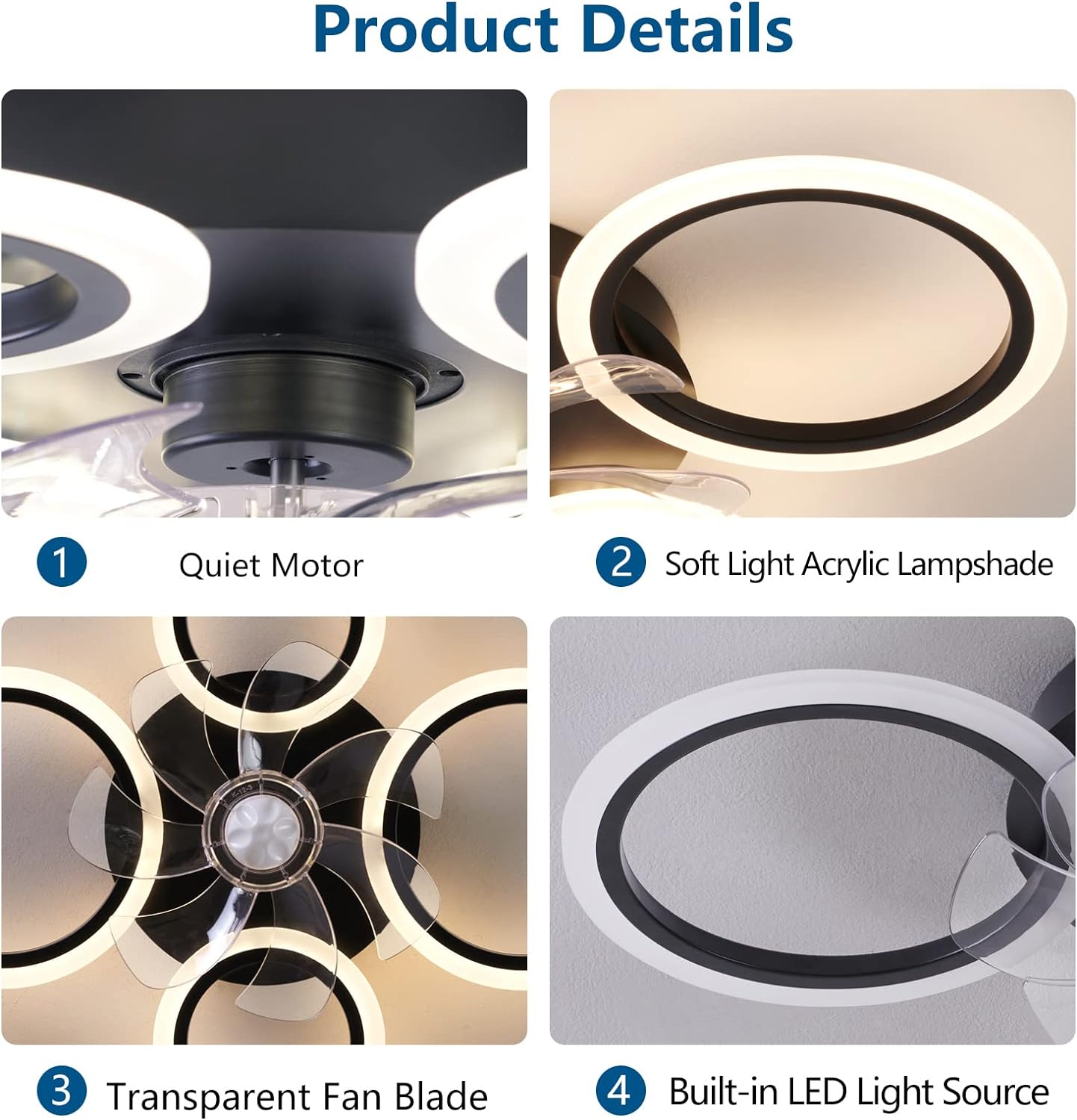 LED осветително тяло 4 Circle Black с вентилатор и дистанционно, еквивалент 400W