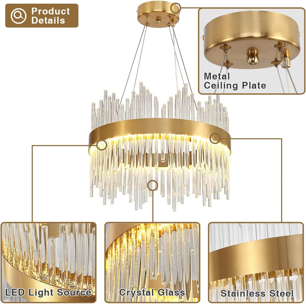 LED осветително тяло висящо CROWN Gold кристал 40cm еквивалент 300W