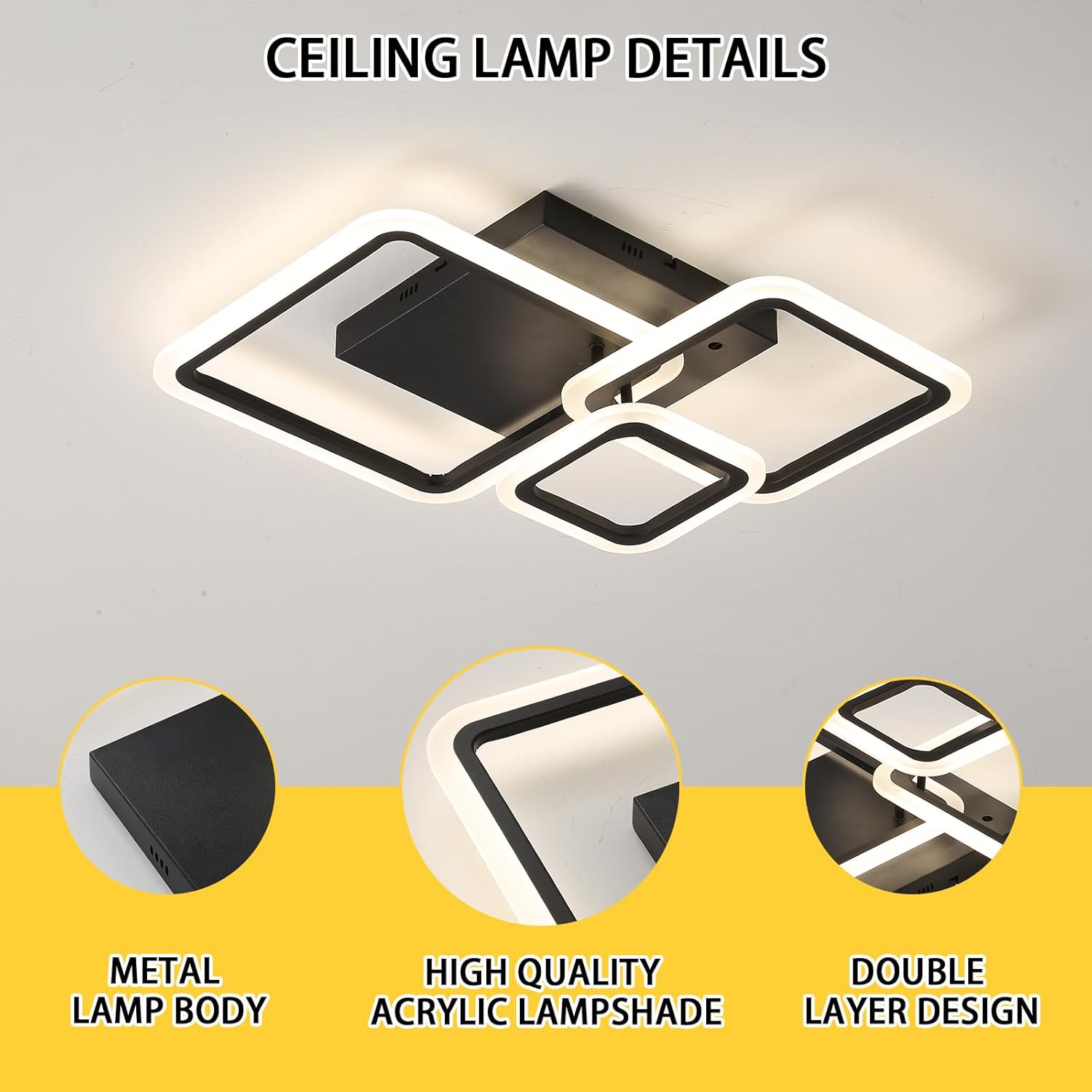 LED осветително тяло 88W Three Square Black SMART еквивалент 400W с дистанционно