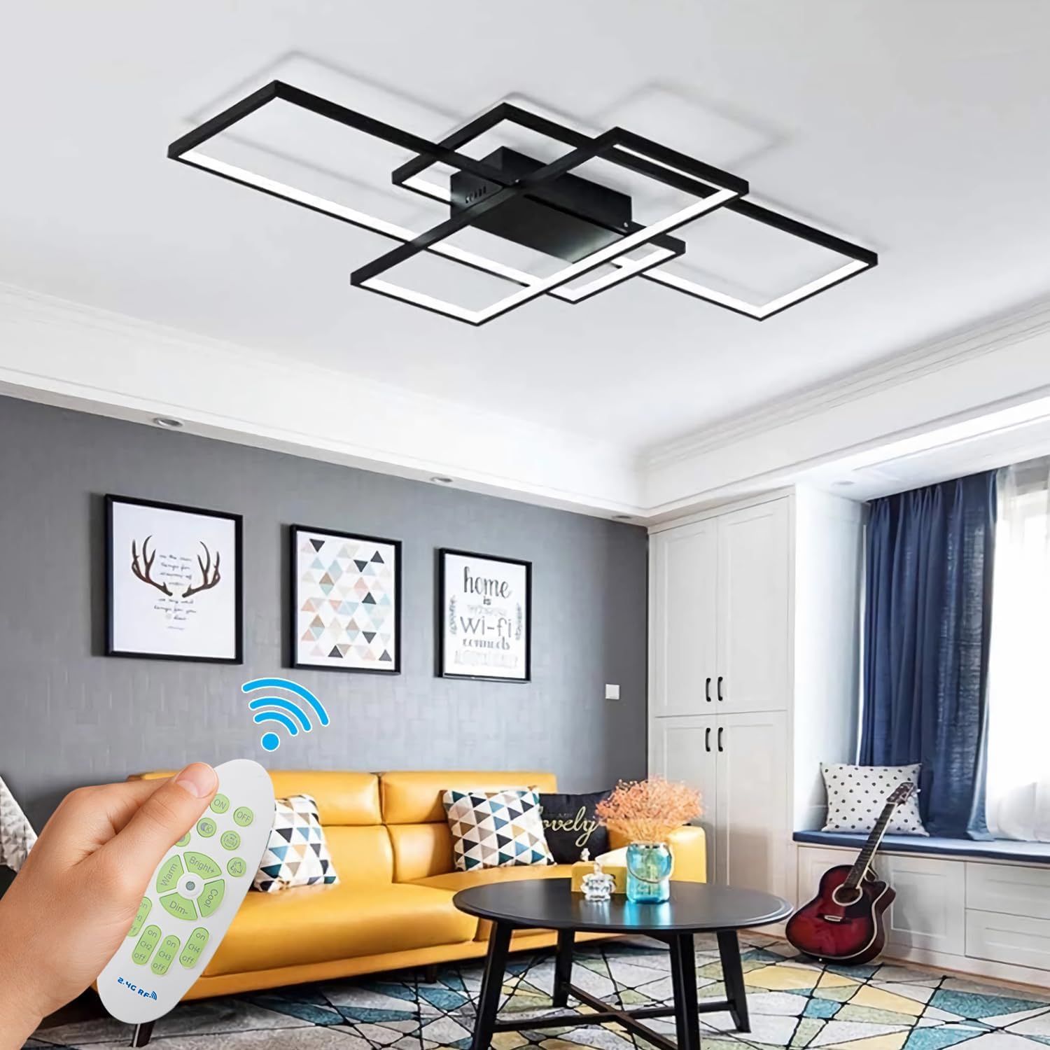 Модерно LED осветително тяло правоъгълник Black, еквивалент 800W, с дистанционно