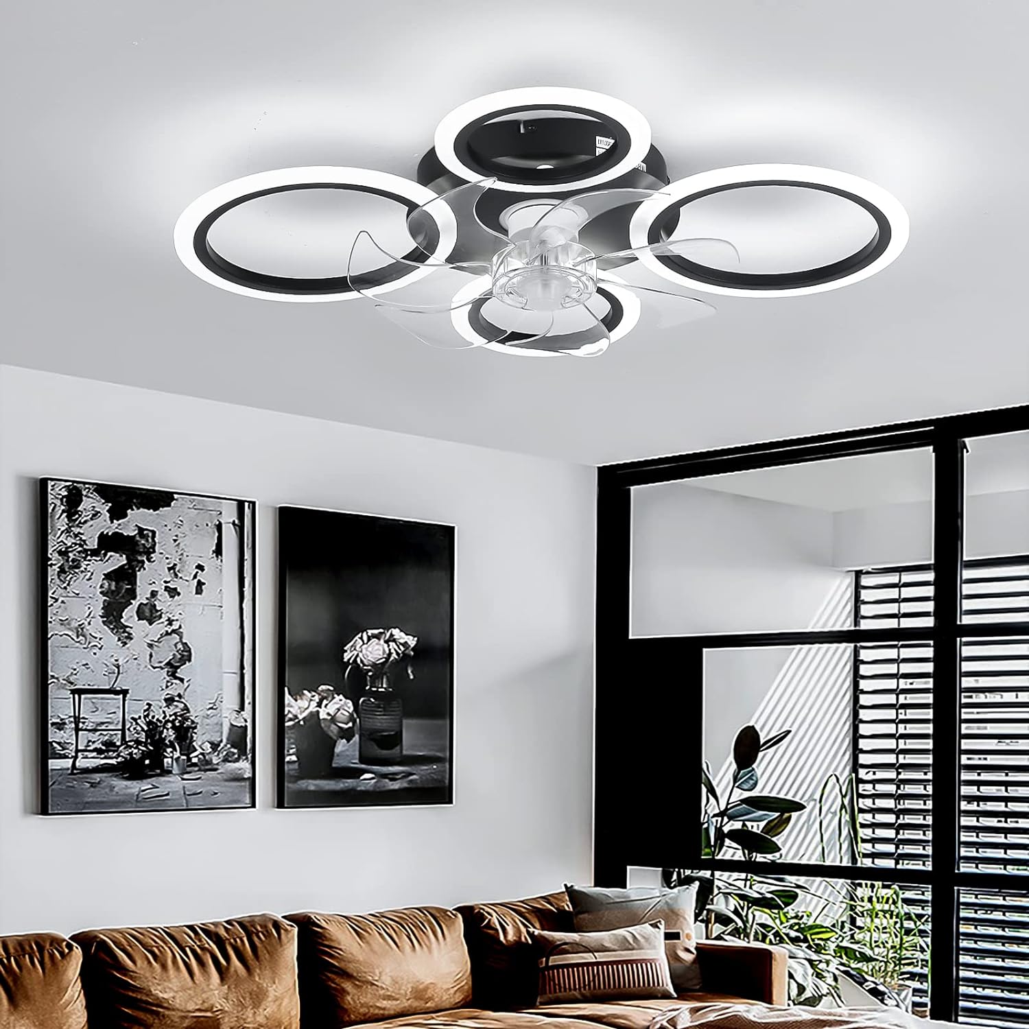 LED осветително тяло 4 Circle Black с вентилатор и дистанционно, еквивалент 400W