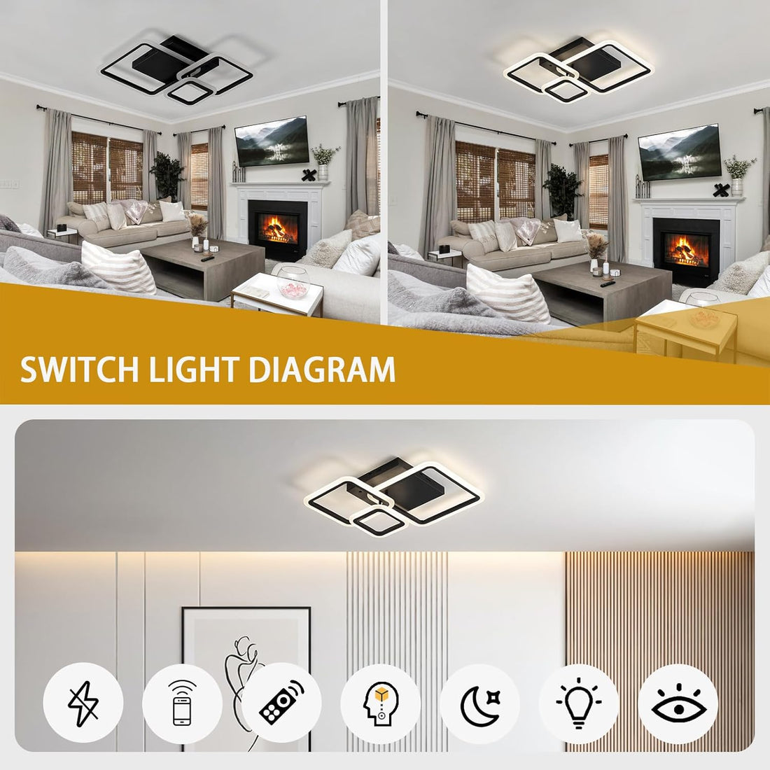 LED осветително тяло 88W Three Square Black SMART еквивалент 400W с дистанционно