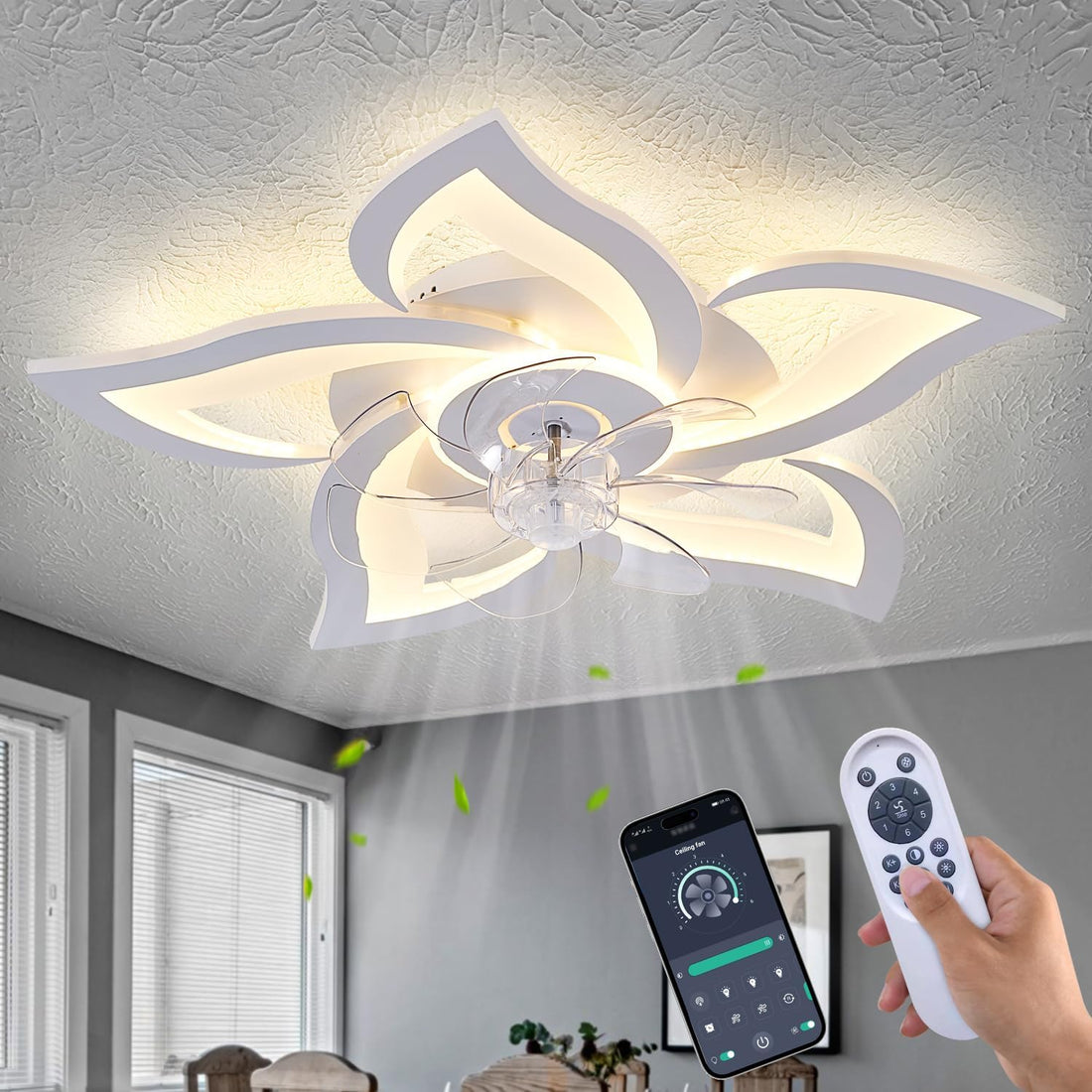 LED осветително тяло Narcisse с вентилатор и дистанционно, еквивалент 400W