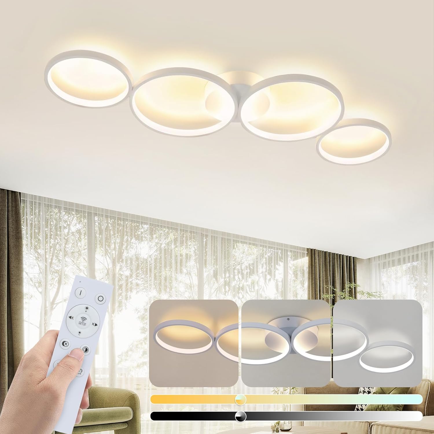 Модерно LED осветително тяло White 4 Rings, еквивалент 600W, с дистанционно