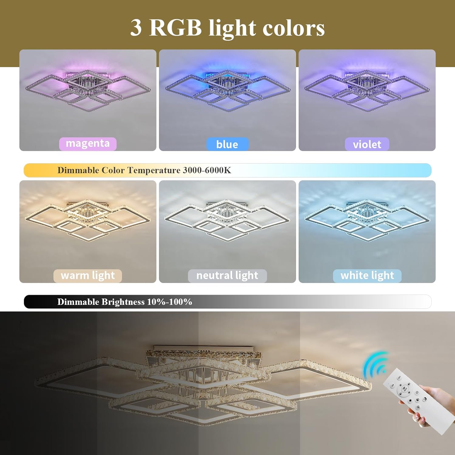 Lustra Led 4 + 2 Diamond Rgb Chrome Cristal Echivalent 1000W Lighting Fixtures
