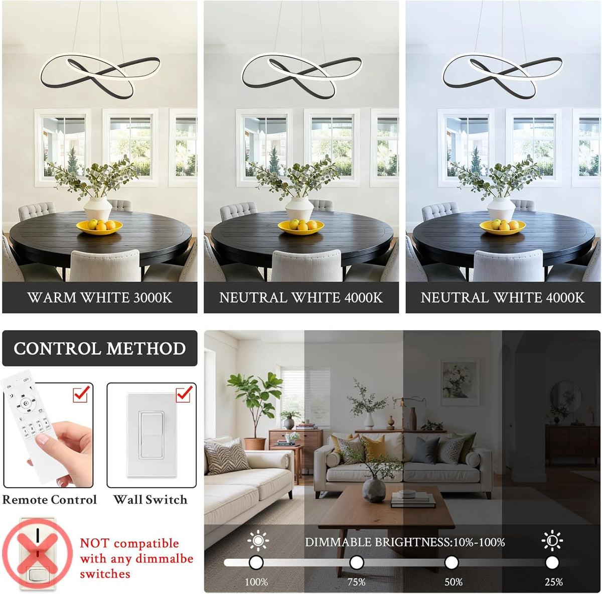 LED осветително тяло тип пендел INFINITY Black с дистанционно, еквивалент на 500W