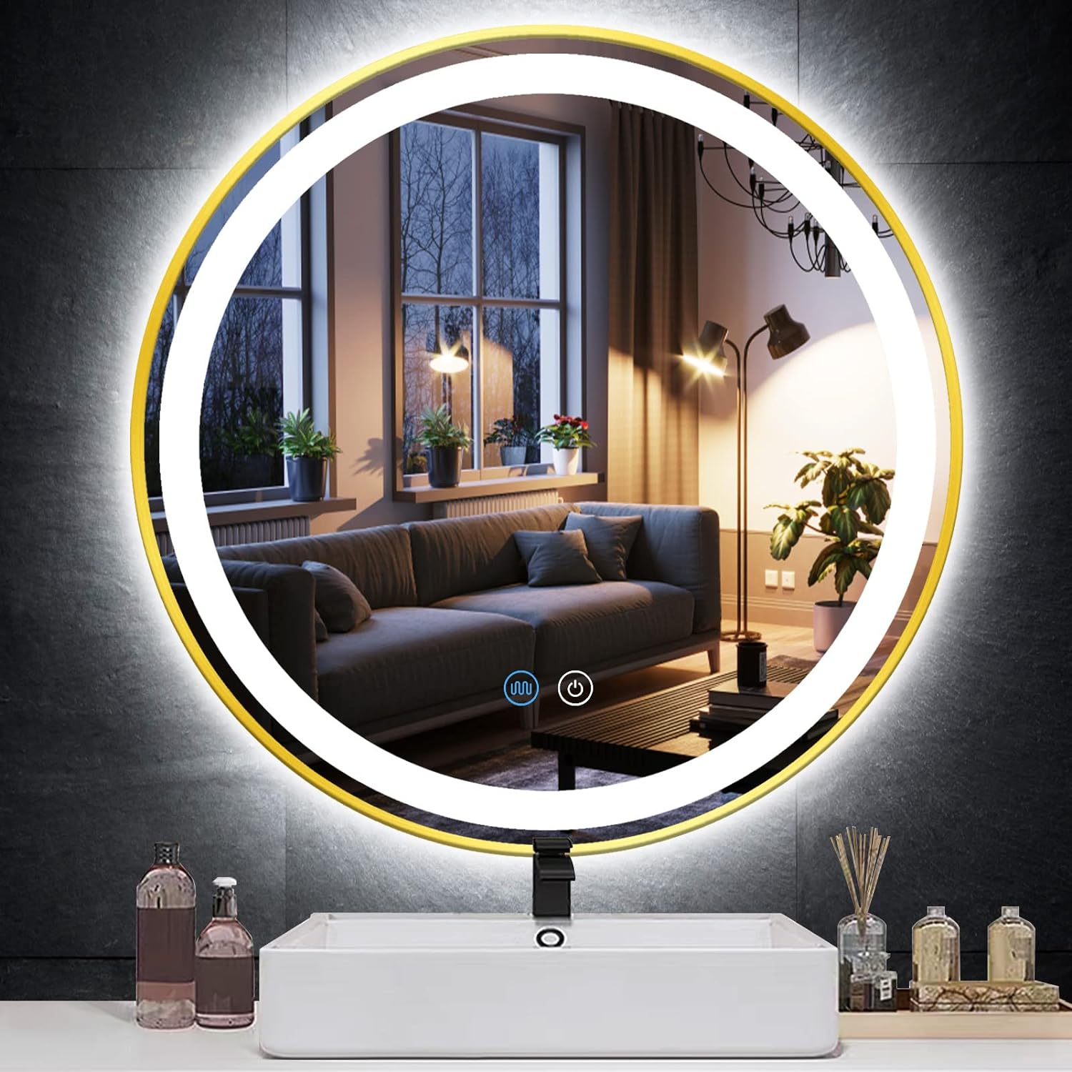 Кръгло LED огледало 70cm, златиста рамка, Touch и 3 вида светлина OD016/GD