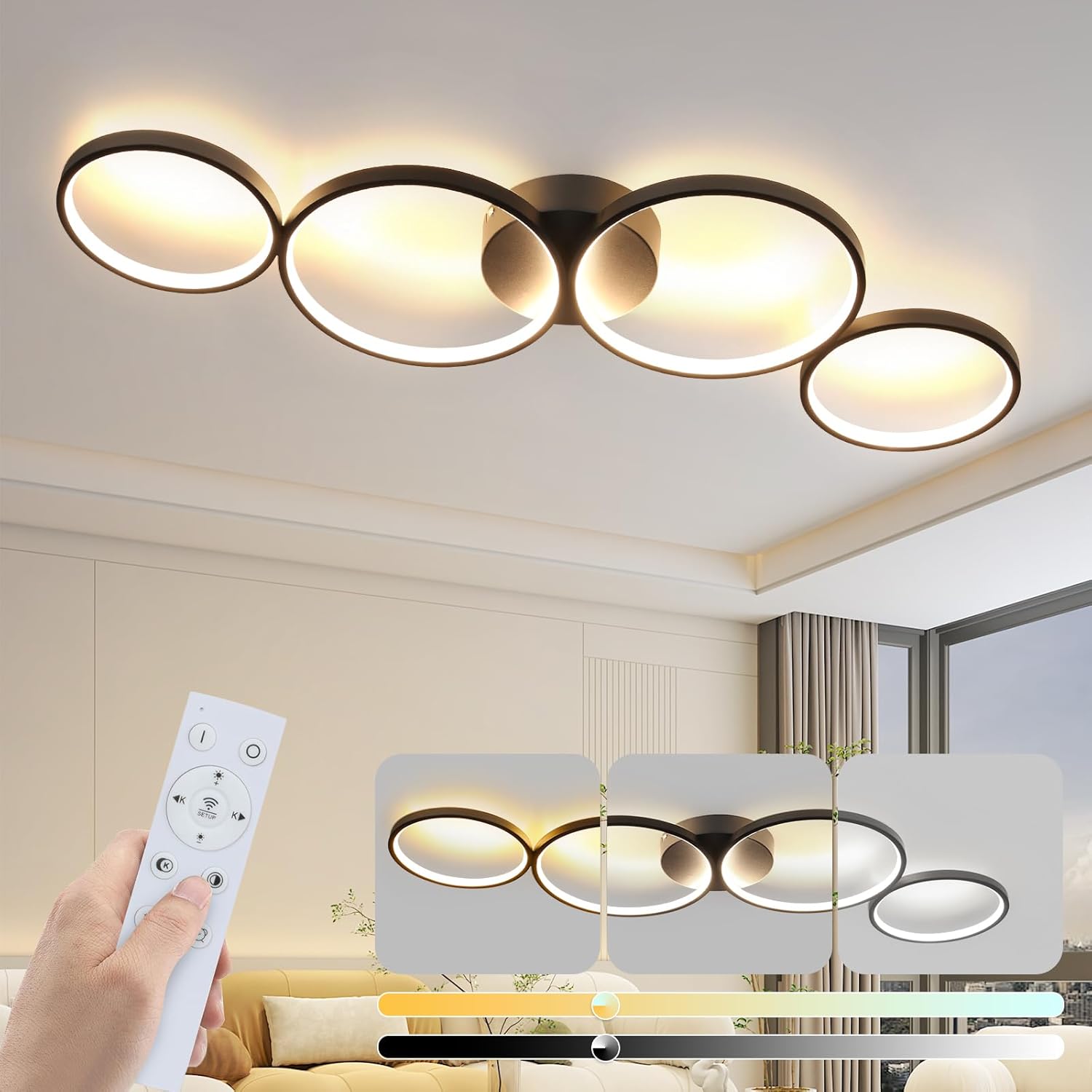 Модерно LED осветително тяло Black 4 Rings, еквивалент 600W, с дистанционно