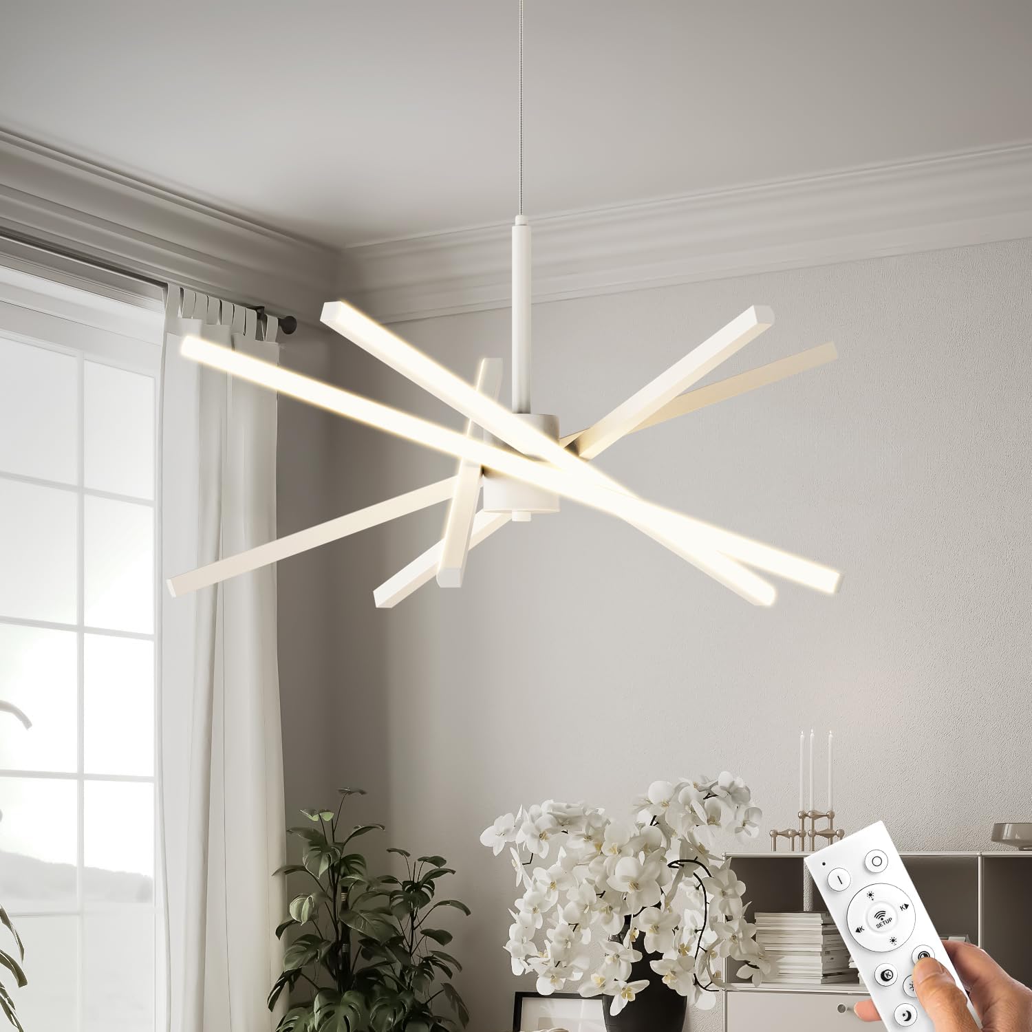 LED висящо осветително тяло Geometric White LINES – еквивалент 400W с дистанционно