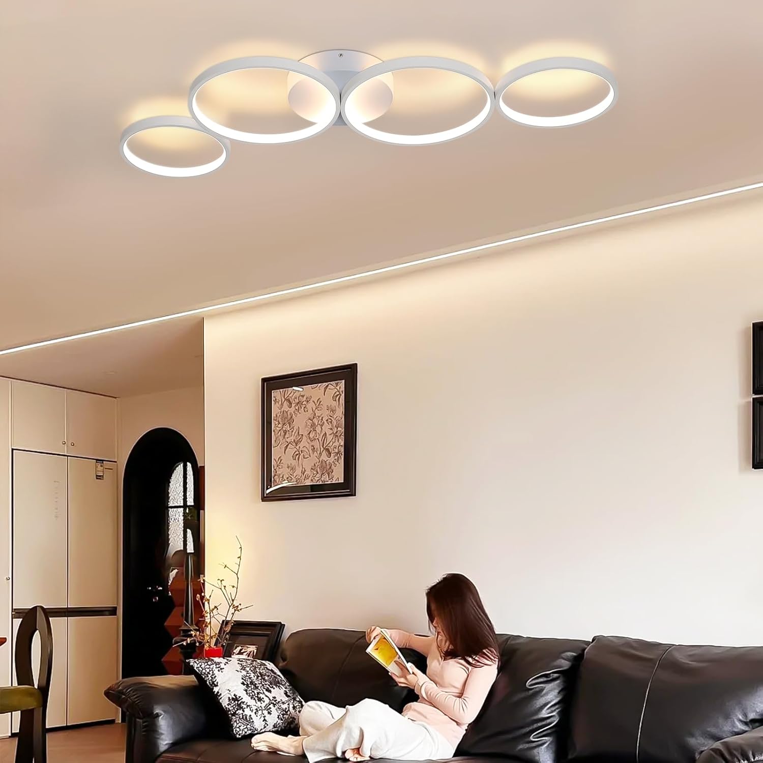 Модерно LED осветително тяло White 4 Rings, еквивалент 600W, с дистанционно