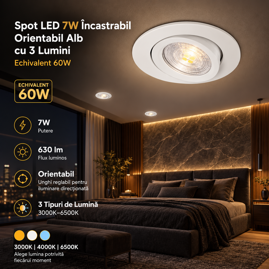 Вграден насочваем LED спот 7W CCT с 3 вида светлина, еквивалентен на 60W