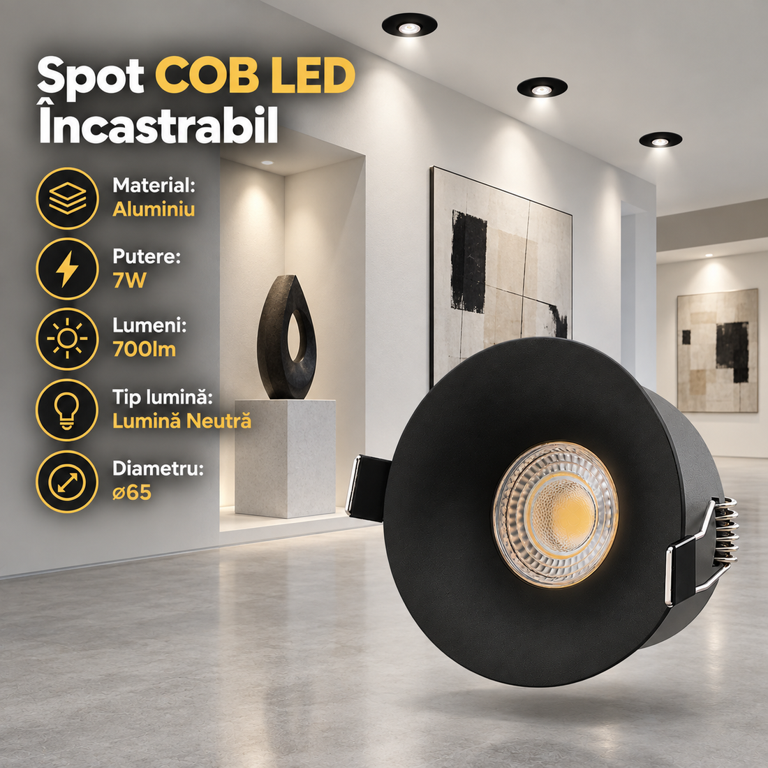 COB LED спот 7W Кръгъл черен / ⌀65mm / Вграден / Неутрална светлина