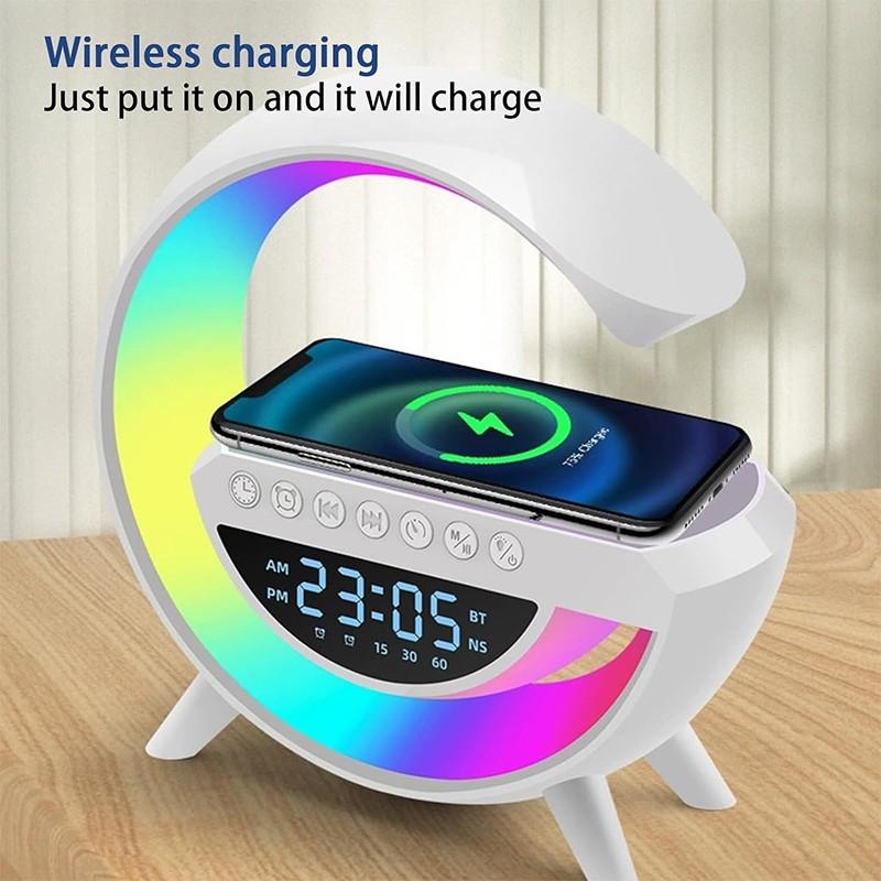 LED настолна лампа RGB с безжично зареждане, Bluetooth, часовник, аларма и USB