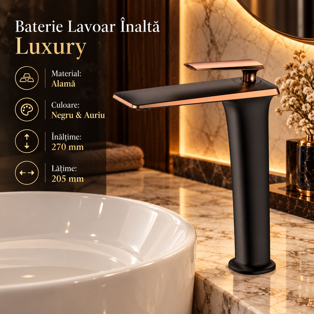 Смесител за мивка висок Luxury Line Rose Black 002
