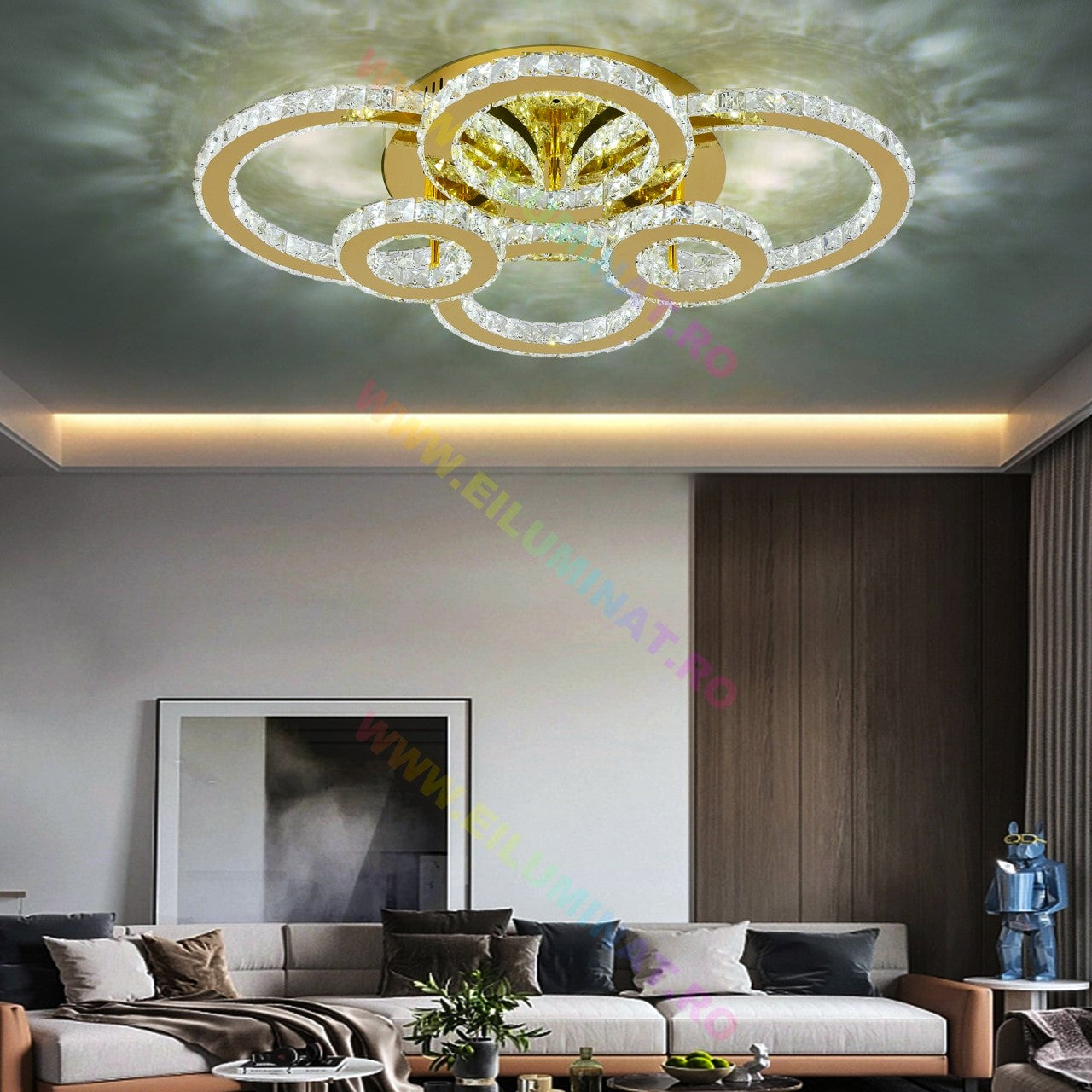 LED осветително тяло 4+2 CIRCLE GOLD Кристал Еквивалент 800W Дистанционно
