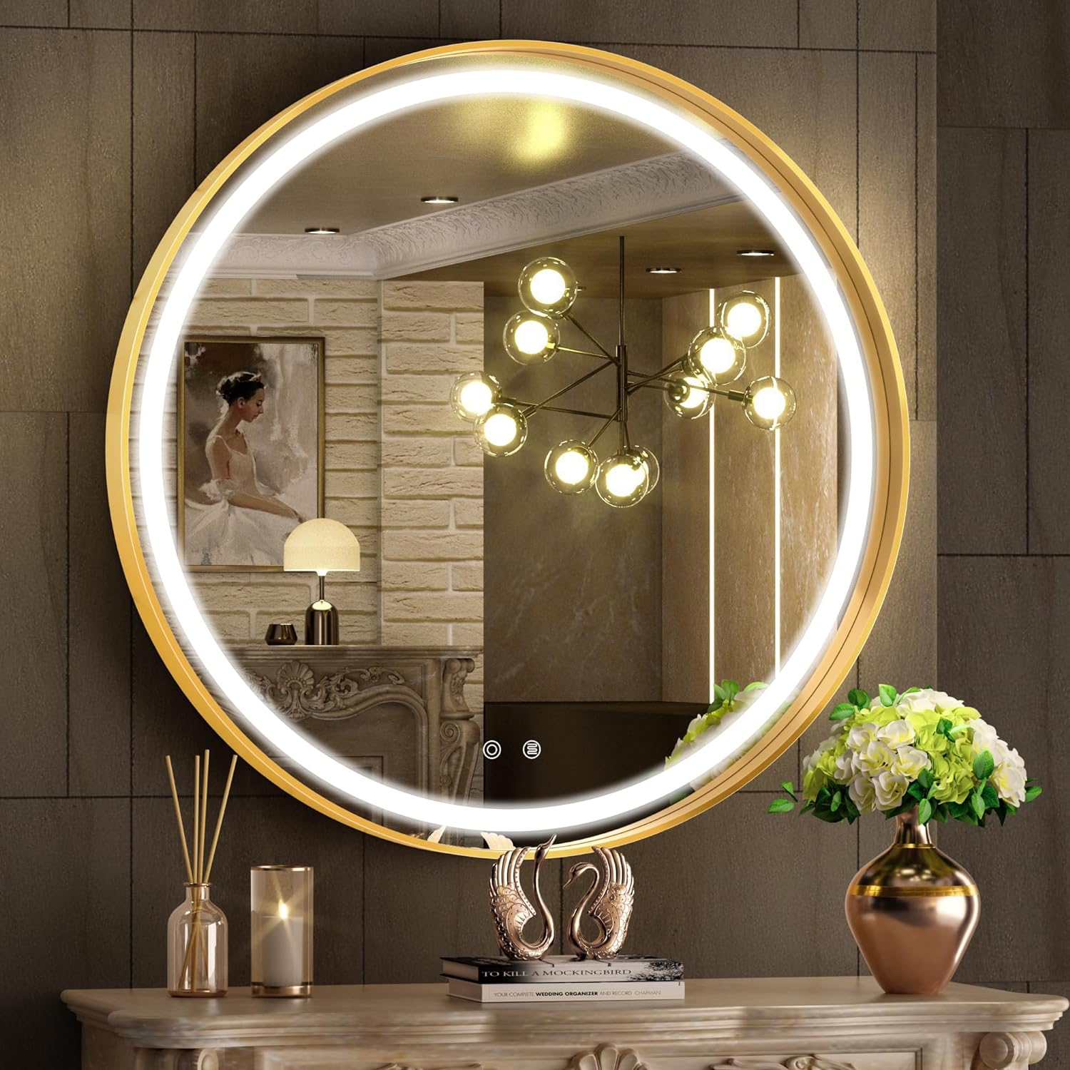 Кръгло LED огледало 70cm, златиста рамка, Touch и 3 вида светлина OD016/GD