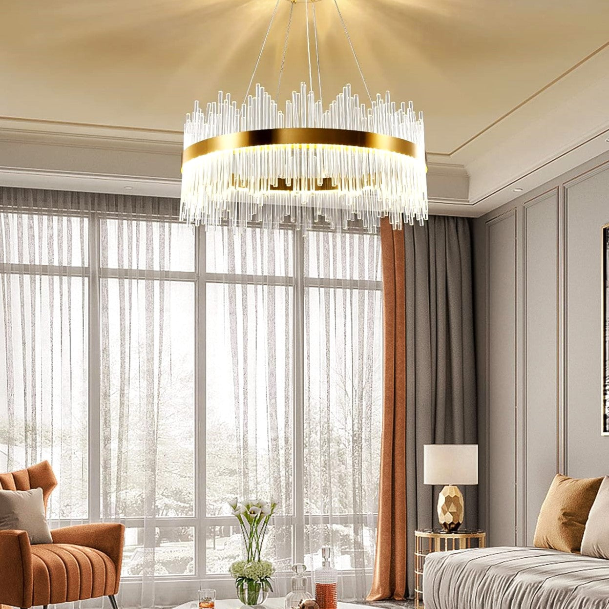 LED осветително тяло висящо CROWN Gold кристал 60cm еквивалент 500W