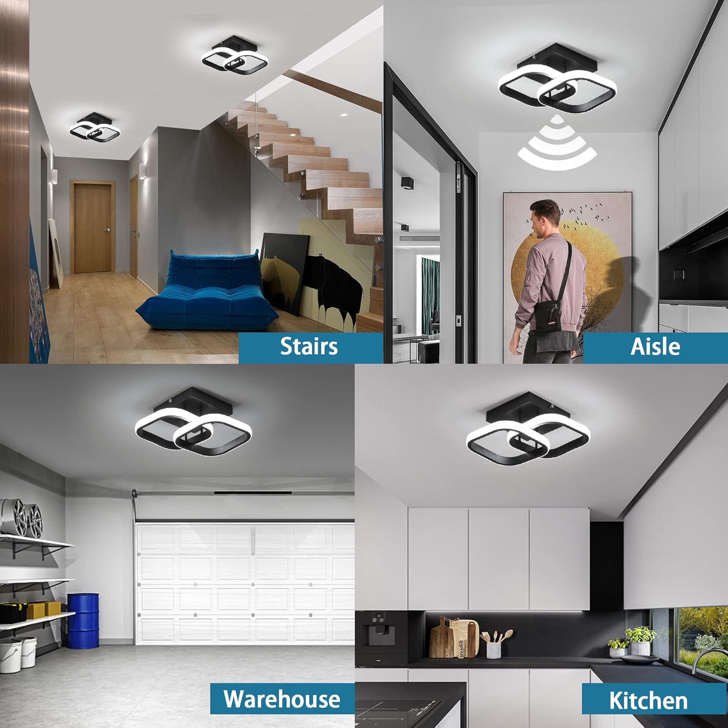 LED осветително тяло Double Square Black със сензор за движение, еквивалент 150W