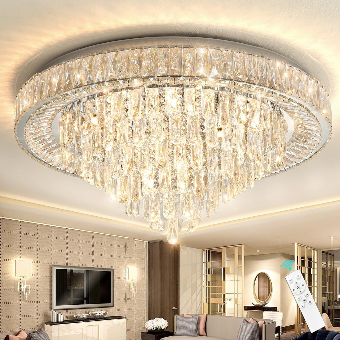 LED осветително тяло от кристал, плафониера Royal Round с дистанционно, еквивалент 700W