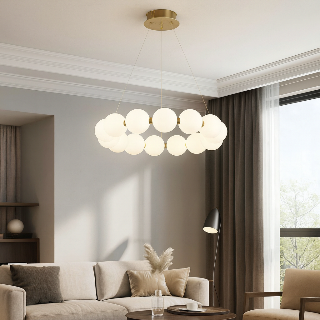 LED осветително тяло висящо Gold PEARL еквивалент 500W с дистанционно