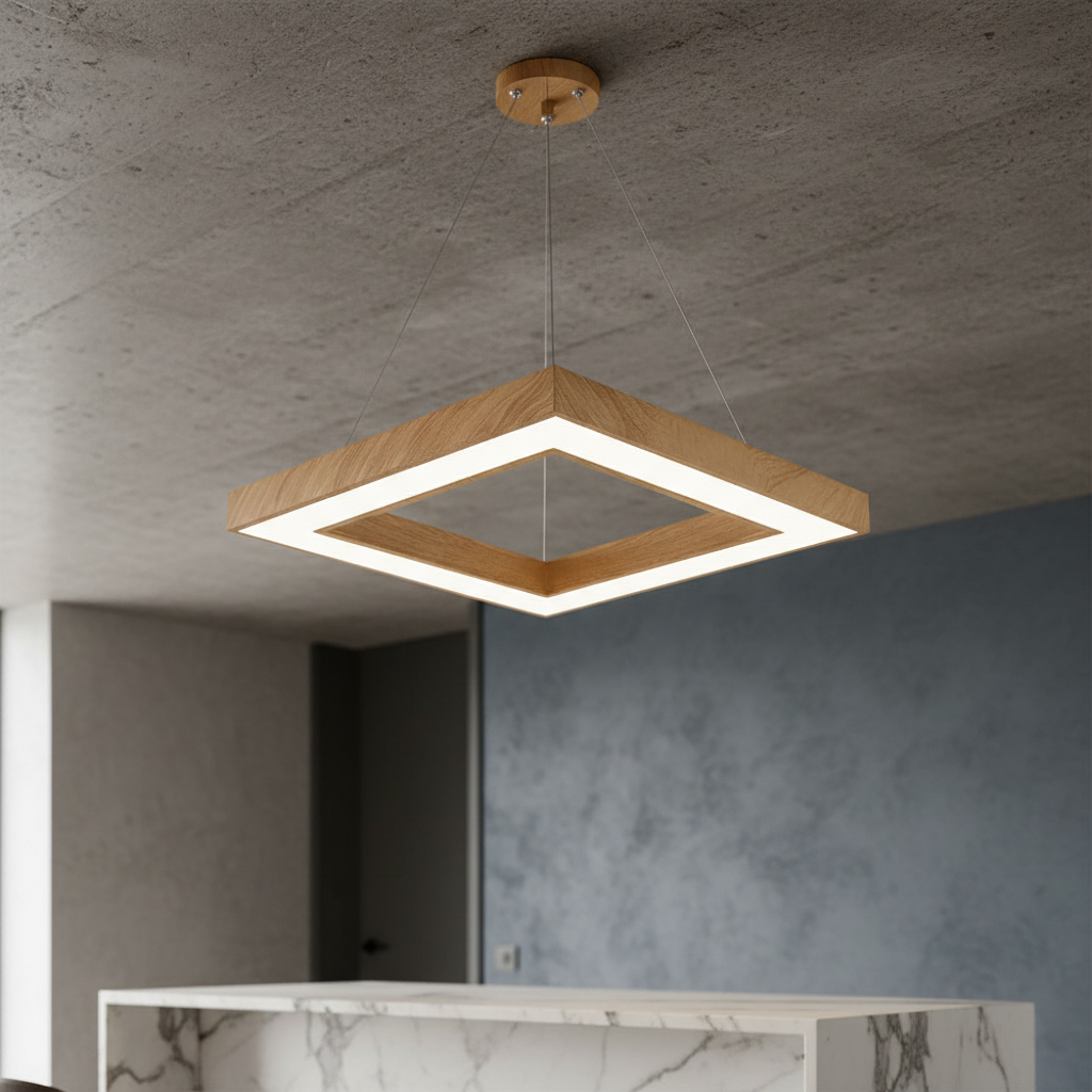 LED осветително тяло висящо RENZO Square Wood с дистанционно, еквивалент 300W