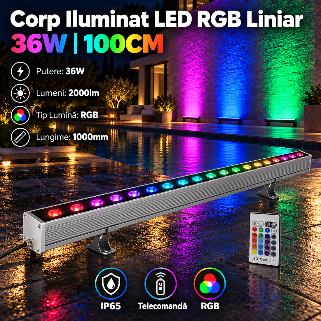 LED архитектурно линейно тяло RGB 36W 100cm IP65