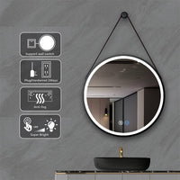 LED огледало за баня 60cm FOG Black Кожа+Алуминий, сензор за движение, температура, часовник и противозамъгляване