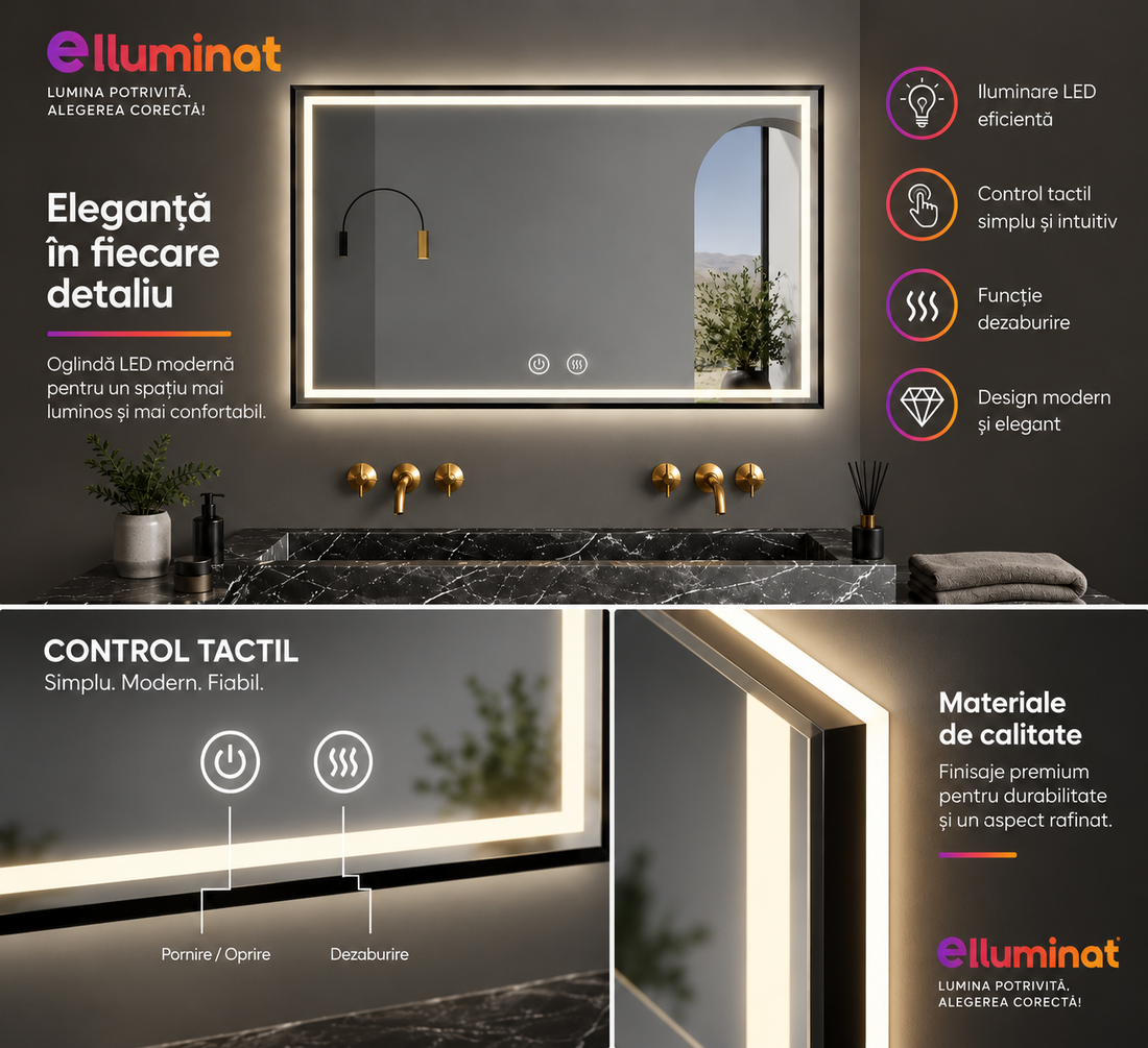 LED огледало 120x80cm с Черен рамка, функция против замъгляване, Touch и часовник J45