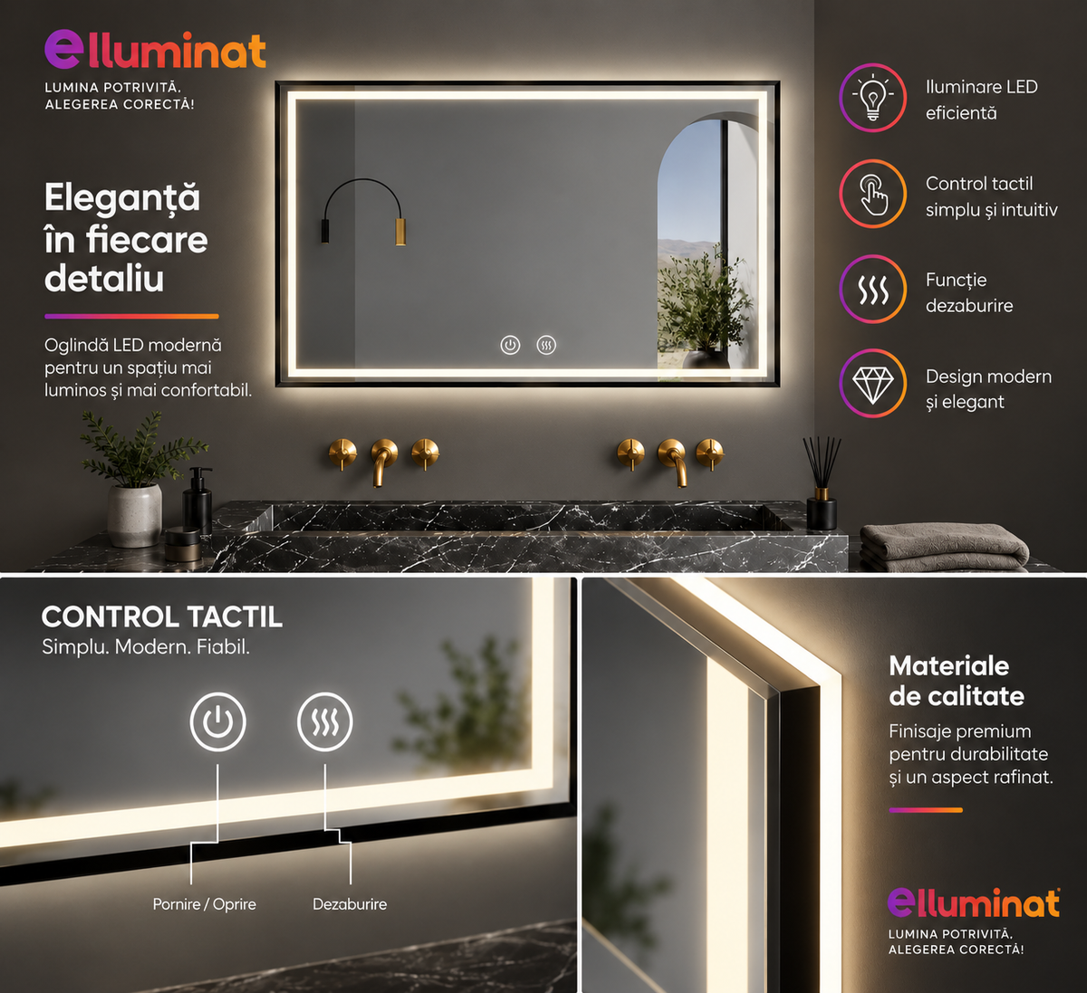 LED огледало 120x80cm с Черен рамка, функция против замъгляване, Touch и часовник J45