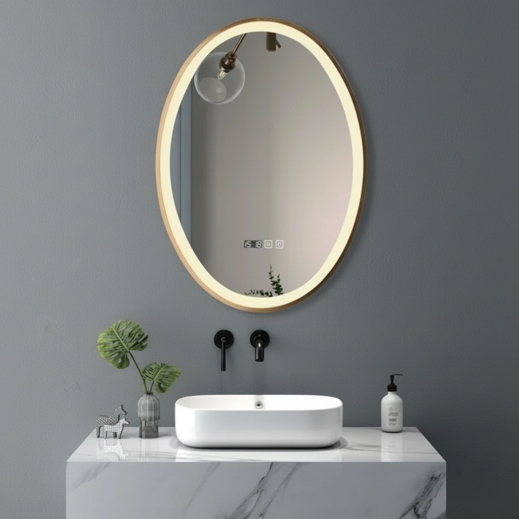 LED огледало RIVEN 50x70CM 3 вида светлина, функция против замъгляване, часовник, touch