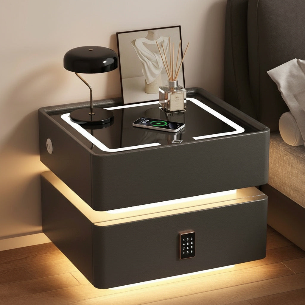 Смарт нощно шкафче Черно с безжично зареждане, LED осветление, Bluetooth колонка и заключване с код