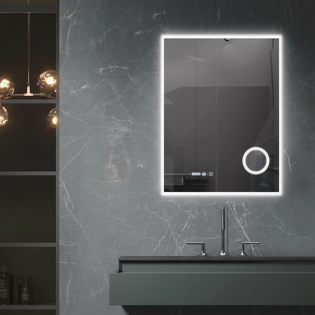 LED огледало VIONNA 60x80CM функция против замъгляване, часовник, тъч, лупа, 3 вида светлина