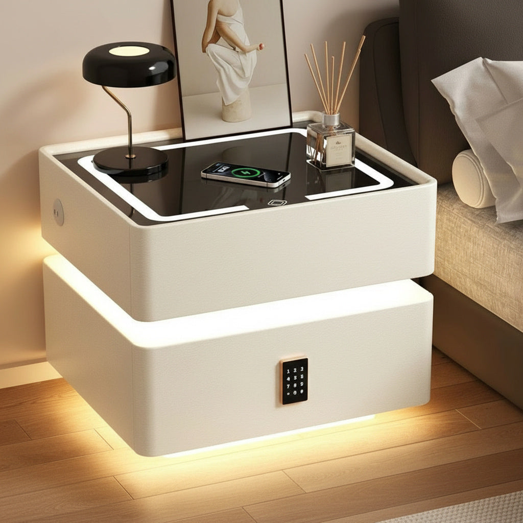 Смарт нощно шкафче с безжично зареждане, LED осветление, Bluetooth колонка и заключване с код
