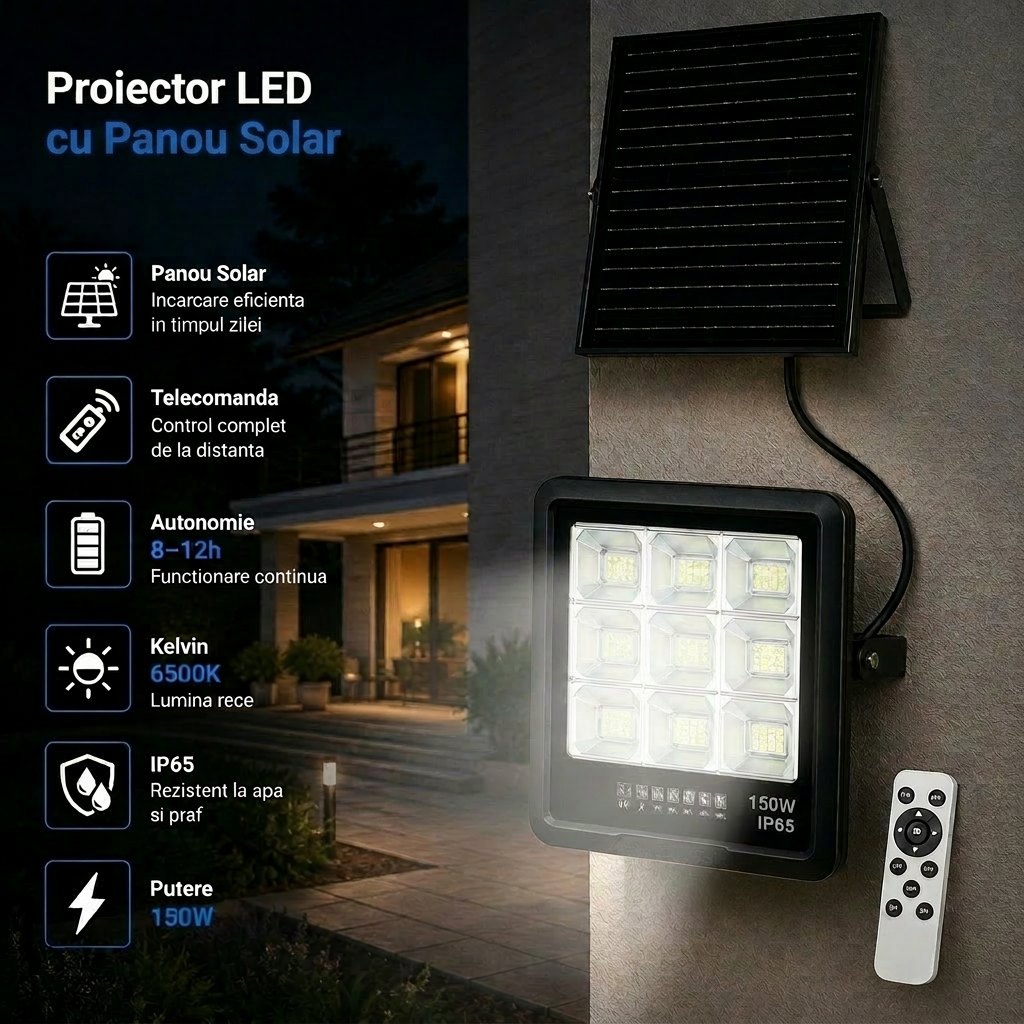 LED прожектор 150W PREMIUM с монокристален соларен панел и дистанционно