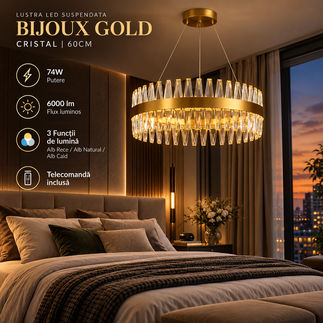 LED осветително тяло висящо Bijoux Gold Cristal дистанционно 60CM