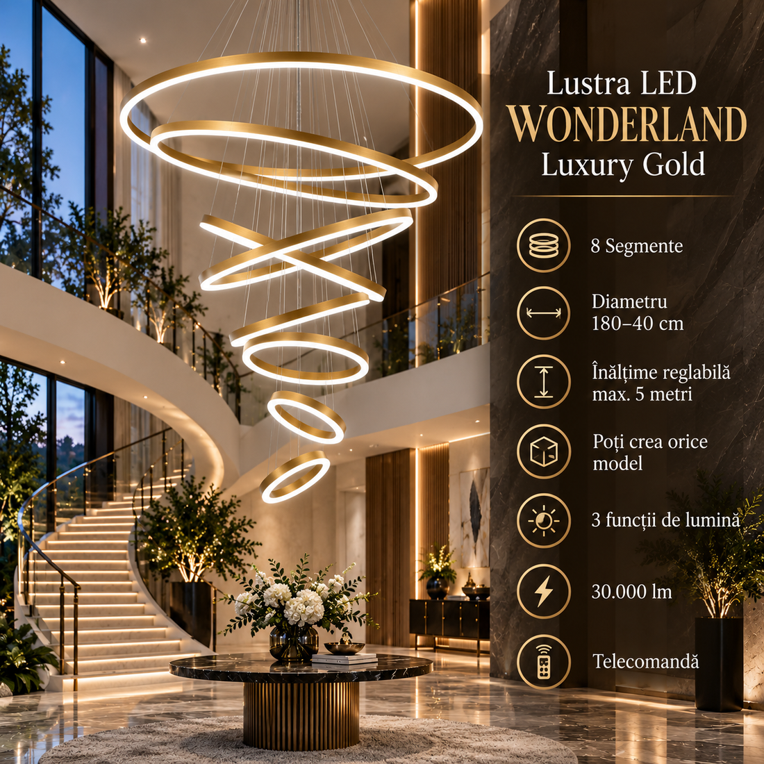 LED осветително тяло WONDERLAND Luxury Gold 8 сегмента еквивалент 3000W с дистанционно
