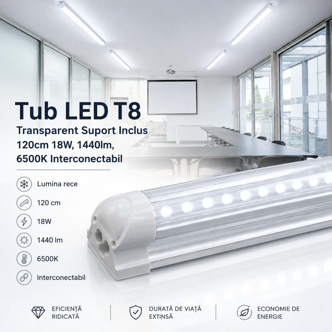 LED тръба T8 прозрачна с включен държач 120cm 18W, свързваема