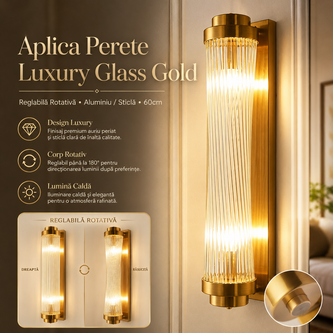 Аплик за стена Luxury Glass Gold, регулируем