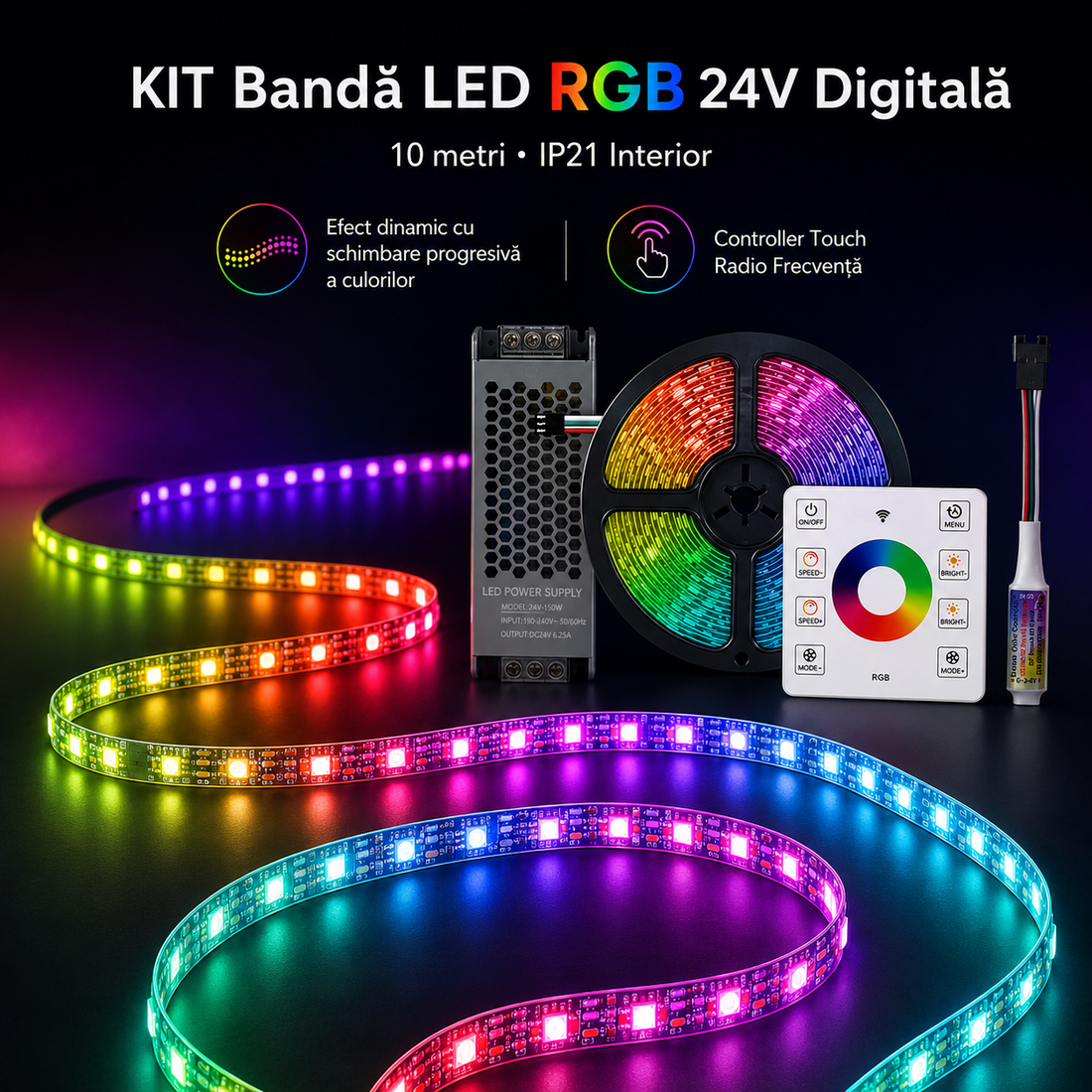 КОМПЛЕКТ LED лента RGB 24V дигитална 10 метра, IP21 за вътрешно ползване