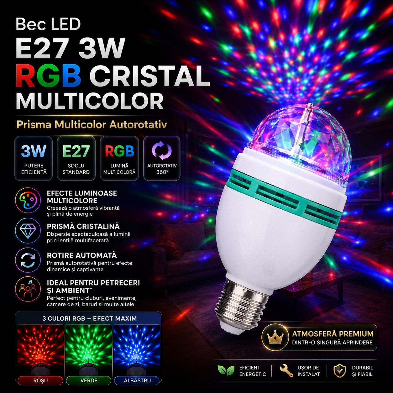 LED крушка E27 3W кристал мултиколор авторотативна