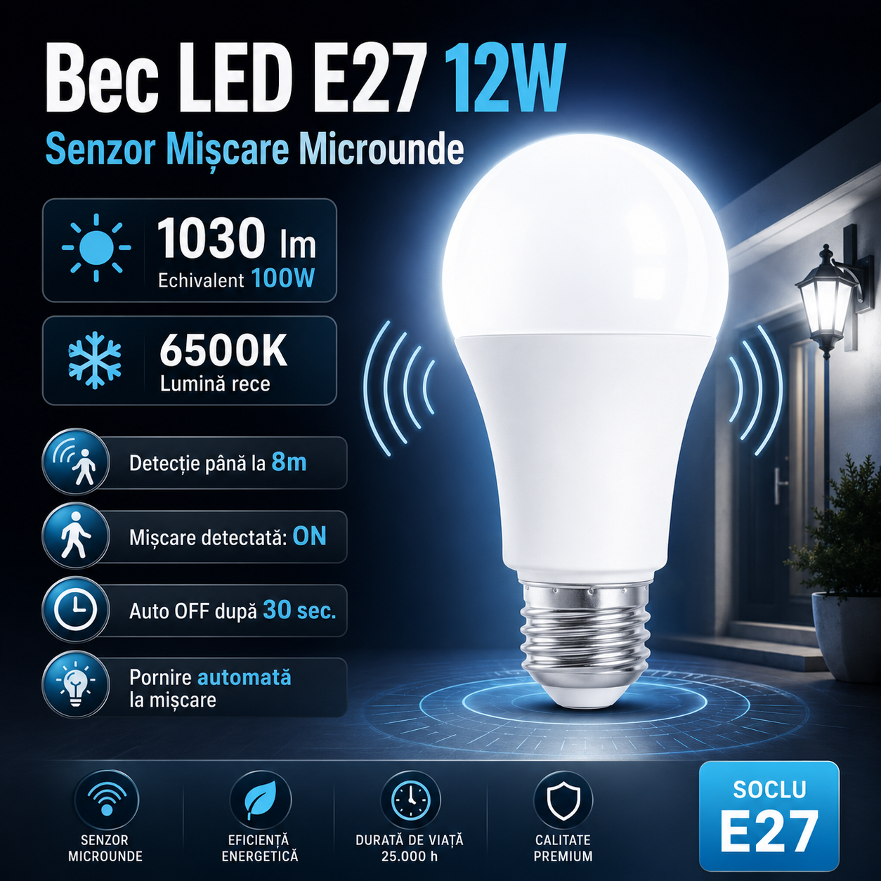 LED крушка E27 12W с микровълнов сензор за движение